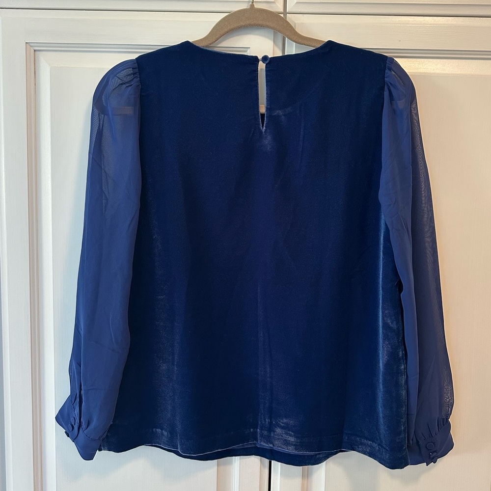 NWT! J. Crew Royal Blue Velvet Women's Blouse with Sheer Sleeves - Picture 6 of 8